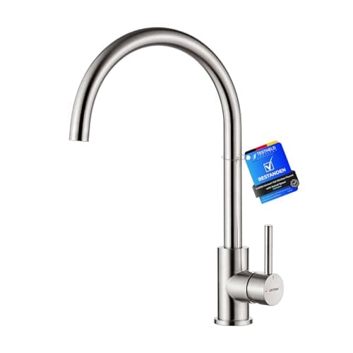GRIFEMA G4008 Kitchen Sink Taps Mixer with Single Lever High Arc 360°Swivel, Stainless Steel Kitchen Mixer Taps 1 hole with Chrome Finish, Classic Design[Energy Class A+]