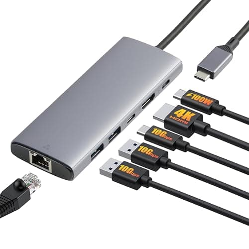 Amazon Basics USB C Hub for PC Laptops, 6-in-1 Multiport Adapter with 100W Max PD Charging, 4K HDMI, 2 USB-A Ports, Ethernet, Type C Data Port