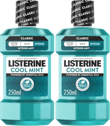 Listerine Cool Mint Intense Taste Classic Mouthwash (Pack of 2 x 250ml) Helps Kill Germs Left After Brushing, Freshens Breath and Maintain Healthy Gums