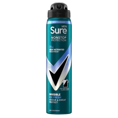 Sure Men Nonstop Protection Invisible Ice Fresh Deodorant Body Spray Antiperspirant with body heat activated technology for 72 hour odour and sweat protection 250 ml