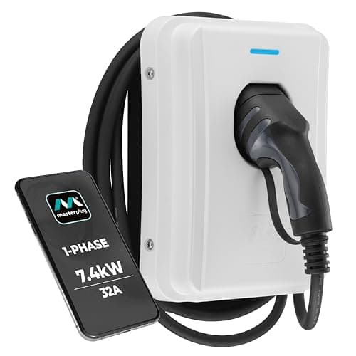 Masterplug Smart EV Home Wall Charger for Type 2 Electric and Plug-In Hybrid Vehicles, Tethered with 5m Cable, Mode 3, App Control, Solar Charging, Single Phase, White, IP65, 7.4kW, 32A, EVCM3ST7W-MP