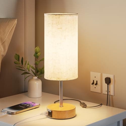 UPXNBOR Bedside Lamps, Table Lamp for Bedroom/Living Room/Study Room/Office with USB A+C Charging Ports, Reading Light, Desk Lamp, 3-Way Touch Dimmable, 1.5m Cable, Linen Fabric Shade (E27 Bulb Incl.)