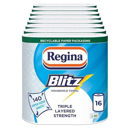 Regina Blitz Household Towels – 16 Triple Layered Rolls, 140 Sheets Per Roll, Paper Packaging, FSC Certified Paper, Recyclable Packaging, 60% Larger Than Standard Kitchen Roll Sheets
