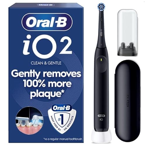 Oral-B iO2 Electric Toothbrush, Night Black - Long-Lasting Battery for Travel, Includes Gentle Care Brush Head, Travel Case and Refill Holder, Easy Switch to Electric Brushing, UK Two Pin Plug