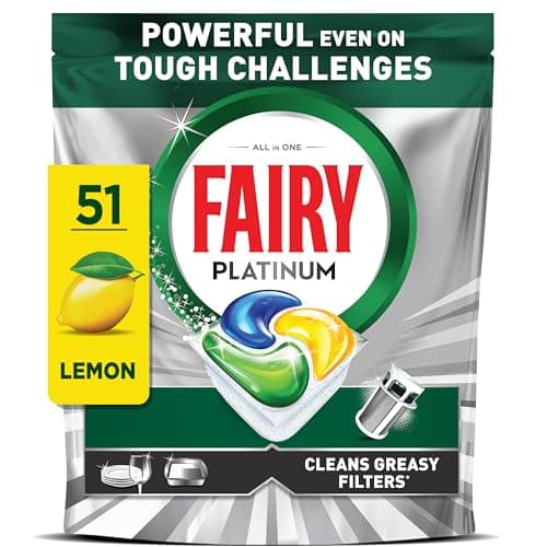 Fairy Platinum Dishwasher Tablets, Lemon, 51 Capsules, Tackles Tough Challenges, Greasy Filter