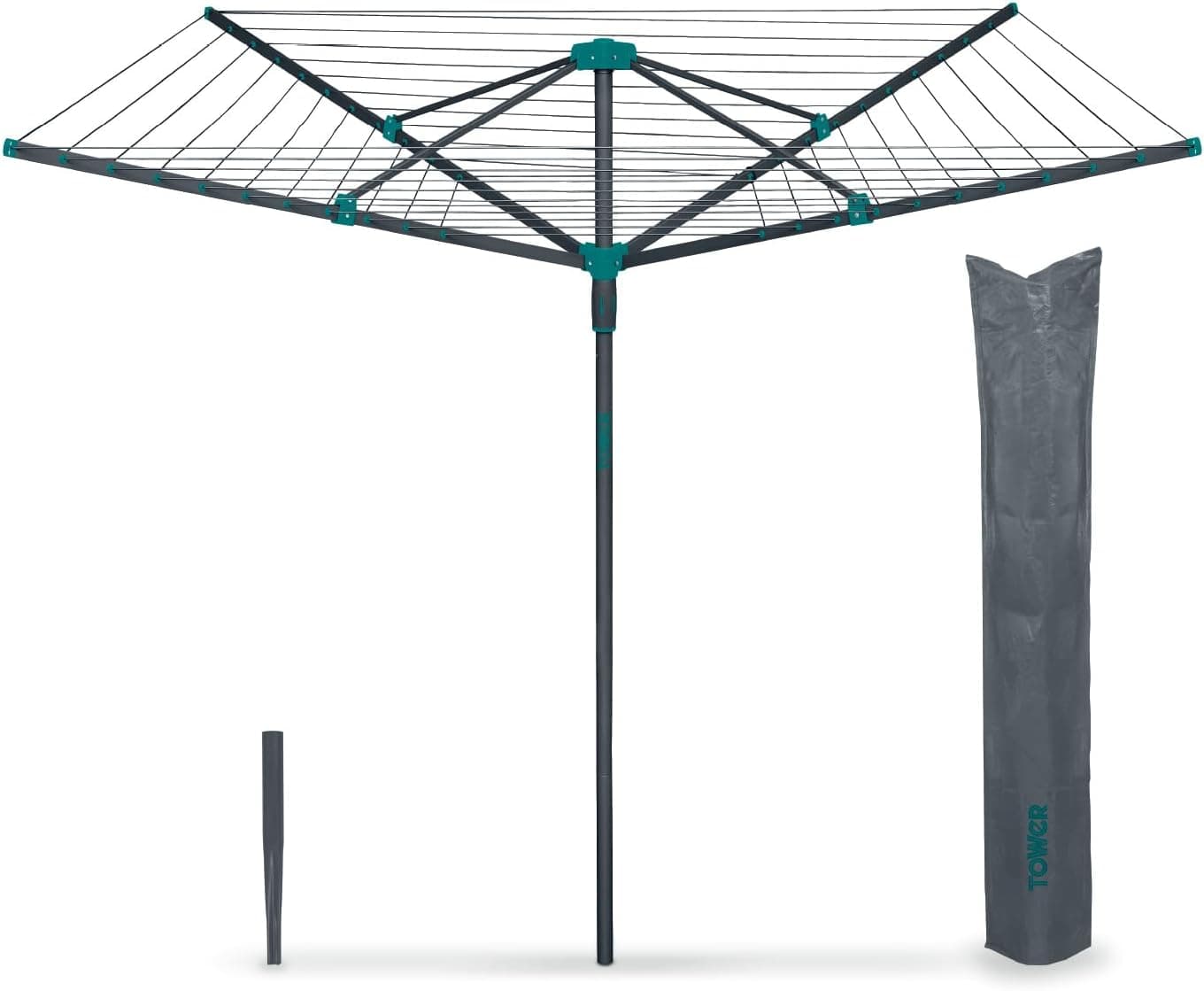 Tower 40m 4-Arm Rotary Airer Washing Line with Cover & Ground Spike, Weather-Resistant, Foldable Steel Frame, Space-Saving Outdoor Clothes Dryer, Anthracite & Teal, T873031TL