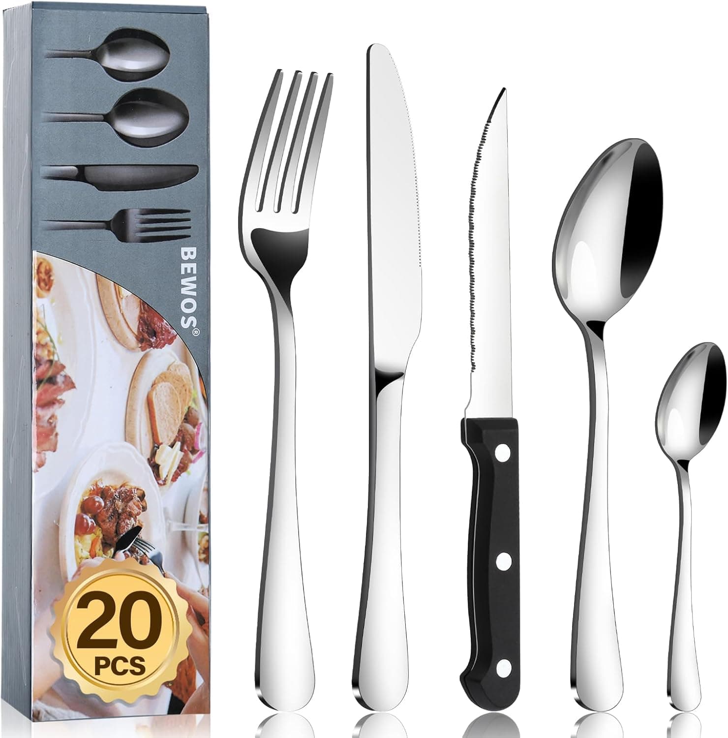 BEWOS 20-Piece Cutlery Set with Steak Knives - Stainless Steel Tableware Set for Kitchen, Mirror Polished Knives, Forks and Spoons Cutlery for 4, Dishwasher Safe